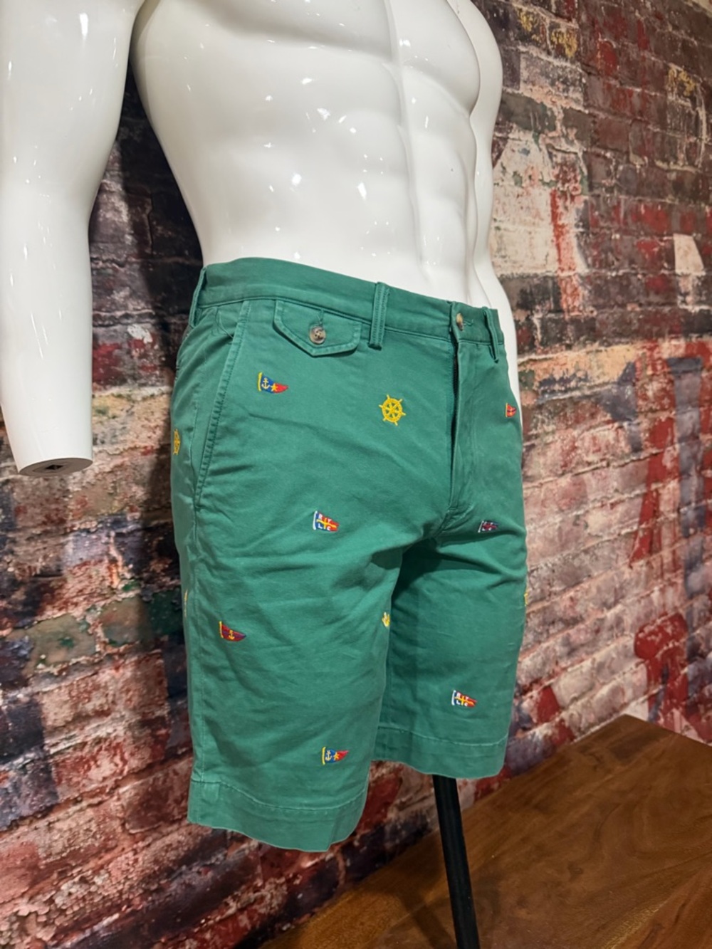 Polo by Ralph Lauren Green Embroidered Nautical Flat-Front Shorts